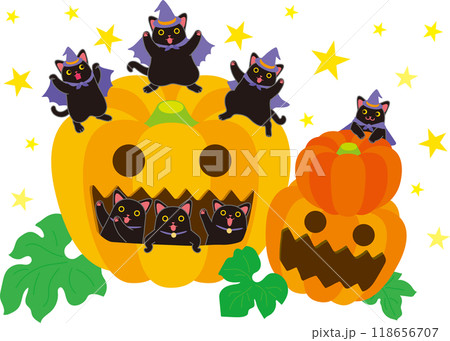ハロウイーン_黒猫とカボチャ_踊る黒猫三匹_南瓜の窓から覗く黒猫三匹_南瓜抱っこ黒猫_背景星あり 118656707