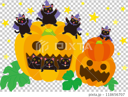 ハロウイーン_黒猫とカボチャ_踊る黒猫三匹_南瓜の窓から覗く黒猫三匹_南瓜抱っこ黒猫_背景星あり 118656707