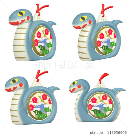 年賀状イラスト素材　干支　巳年　蛇の置物（1）青　カット四点セット 118656906