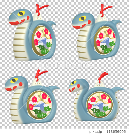 New Year's card illustration material: Zodiac Year of the Snake Snake figurine (1) Blue cut four-piece set 118656906