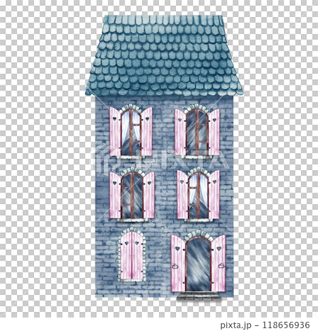 An old brick house with arched windows, a fabulous, cute, blue three-storey house in vintage style. The watercolor illustration is made by hand. For printing, children's games, postcards, scrapbooking 118656936