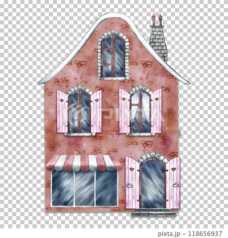 A vintage old house with arched windows and a storefront. The watercolor illustration is made by hand. Highlight it. For printing, children's games, postcards, packaging, scrapbooking and stickers. 118656937