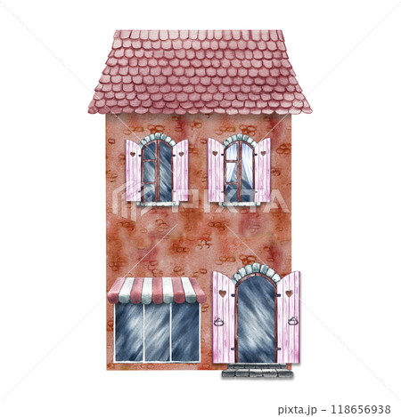 A vintage old house with arched windows and a storefront. The watercolor illustration is made by hand. Highlight it. For printing, children's games, postcards, packaging, scrapbooking and stickers. A vintage old house with arched windows and a storefront. The watercolor illustration is made by hand. Highlight it. For printing, children's games, postcards, packaging, scrapbooking and stickers. 118656938