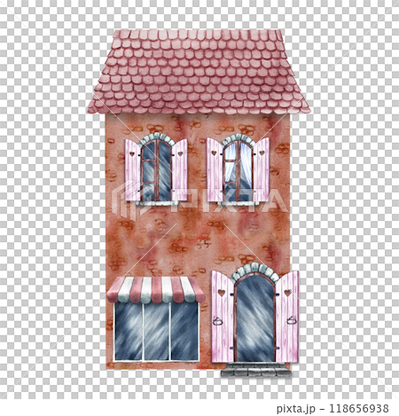 A vintage old house with arched windows and a storefront. The watercolor illustration is made by hand. Highlight it. For printing, children's games, postcards, packaging, scrapbooking and stickers. A vintage old house with arched windows and a storefront. The watercolor illustration is made by hand. Highlight it. For printing, children's games, postcards, packaging, scrapbooking and stickers. 118656938