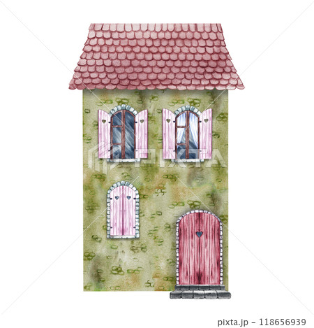 An old house, a fabulous, cute, green two-storey house with a tiled roof, in a vintage style. The watercolor illustration is made by hand. Isolate it. For printing, children's games, scrapbooking. An old house, a fabulous, cute, green two-storey house with a tiled roof, in a vintage style. The watercolor illustration is made by hand. Isolate it. For printing, children's games, scrapbooking. 118656939