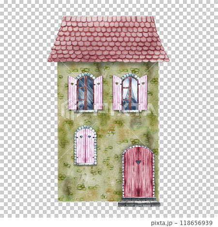 An old house, a fabulous, cute, green two-storey house with a tiled roof, in a vintage style. The watercolor illustration is made by hand. Isolate it. For printing, children's games, scrapbooking. 118656939
