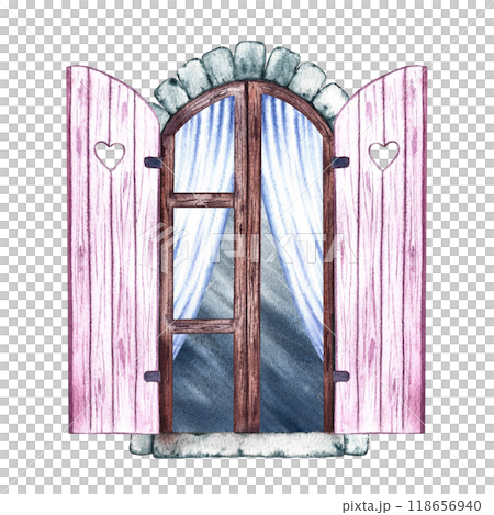Window. Vintage arched window in retro style with pink shutters and blue curtains. Hand-made watercolor illustration. Highlight it. A design element for home, children's games, postcards and decor. 118656940