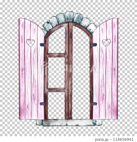 Retro window. An antique arched window without glass with pink shutters. A hand-drawn watercolor illustration. Highlight it. A design element for home, children's games, postcards and decor. 118656941