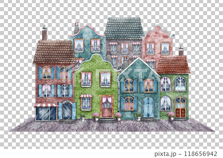 A street with vintage houses and storefronts. An urban landscape with cute brick colorful houses in retro style. The watercolor illustration is made by hand. For children's games, stickers, packaging. 118656942