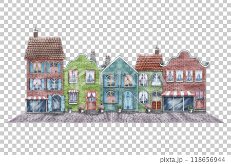 A street with vintage houses and storefronts. Cute brick houses in retro style. The watercolor illustration is made by hand. Highlight it. For print, children's games, stickers, scrapbooking and decor 118656944