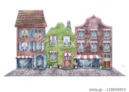 A street with vintage houses and storefronts. Cute brick houses in retro style. The watercolor illustration is made by hand. Highlight it. For print, children's games, stickers, scrapbooking and decor A street with vintage houses and storefronts. Cute brick houses in retro style. The watercolor illustration is made by hand. Highlight it. For print, children's games, stickers, scrapbooking and decor 118656954