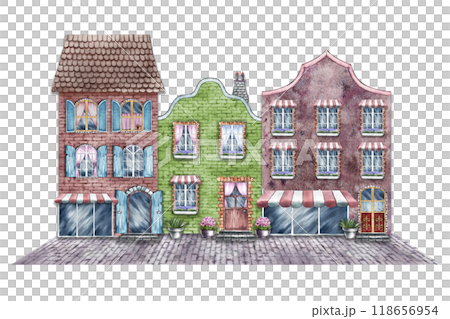 A street with vintage houses and storefronts. Cute brick houses in retro style. The watercolor illustration is made by hand. Highlight it. For print, children's games, stickers, scrapbooking and decor A street with vintage houses and storefronts. Cute brick houses in retro style. The watercolor illustration is made by hand. Highlight it. For print, children's games, stickers, scrapbooking and decor 118656954