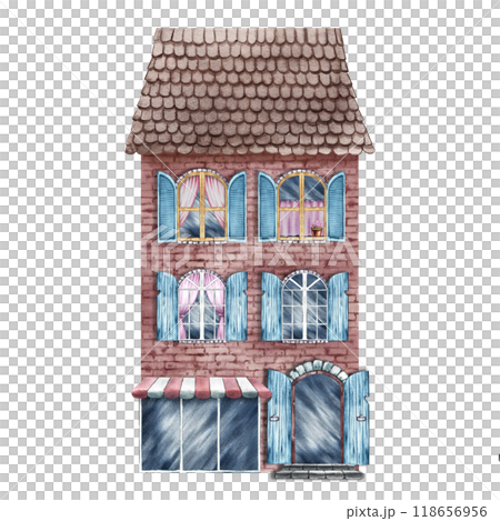 An old house with a storefront. Tiled roof. The watercolor illustration is made by hand. Highlight it. For printing, children's games, postcards, packaging, scrapbooking and stickers. 118656956