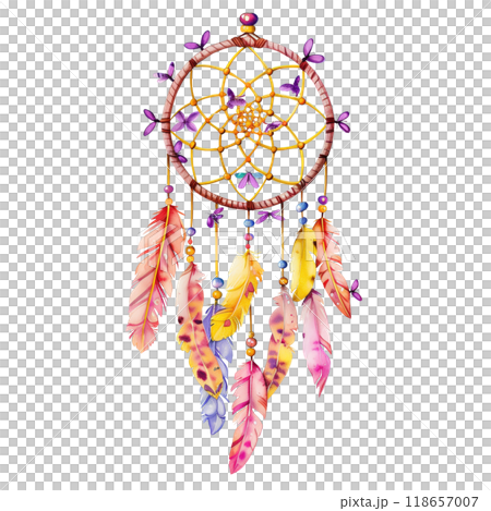 Dreamcatcher with Feathers in Pink, Yellow, and Lavender Tones Adorned with Tiny Purple Moths 118657007