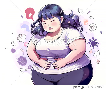 お腹の贅肉を気にする、お腹が出た悩む女性のイメージ素材 118657086