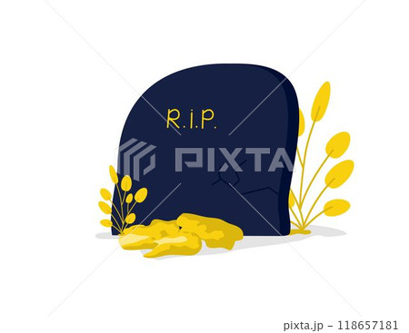 Vector illustration of a creepy tombstone with autumn bushes and stones 118657181