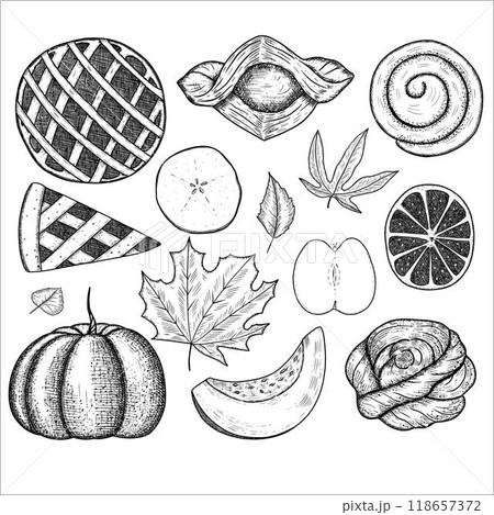 Set with autumn food, pastries, fruits, pumpkin, leaves. Vector illustration Set with autumn food, pastries, fruits, pumpkin, leaves. Vector illustration 118657372