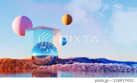 3d Render, Surreal colorful grass dune landscape with floating pastel ball around glass cube and ball over twilight sky background. 118657452