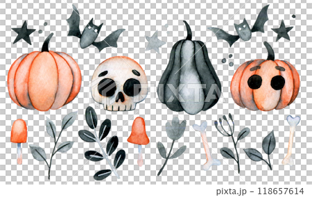 cute watercolor set for halloween. funny characters for kids cute watercolor set for halloween. funny characters for kids 118657614