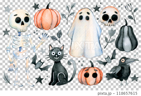 cute watercolor set for halloween. funny characters for kids cute watercolor set for halloween. funny characters for kids 118657615