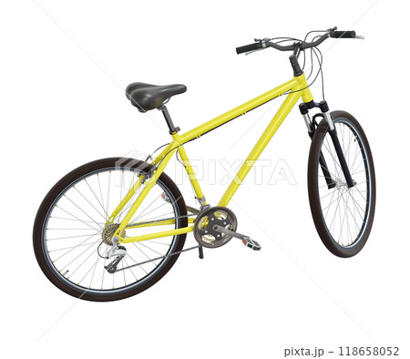 Yellow bicycle standing on kickstand, side view isolated on white background, 3D illustration 118658052