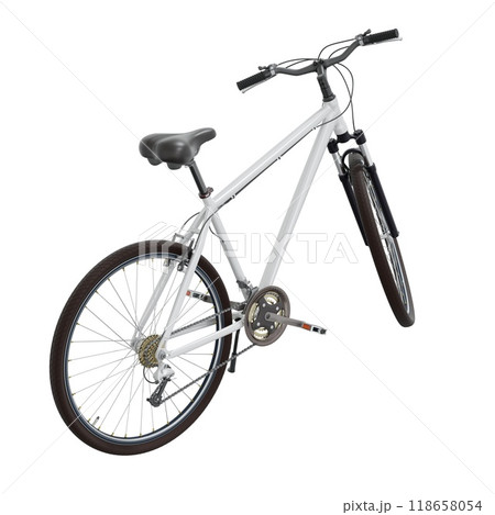 White bicycle standing on kickstand, side back view isolated on white background White bicycle standing on kickstand, side back view isolated on white background 118658054