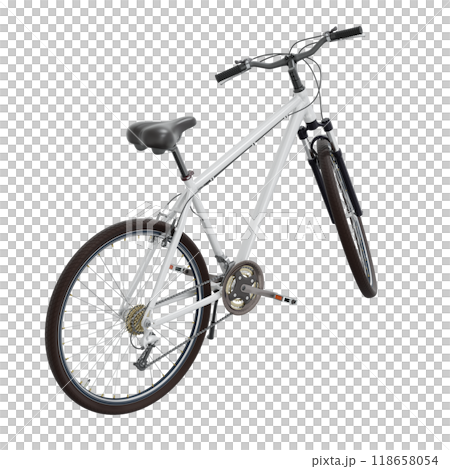 White bicycle standing on kickstand, side back view isolated on white background White bicycle standing on kickstand, side back view isolated on white background 118658054