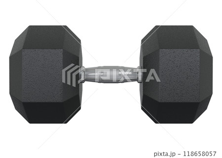 Blank Hex Dumbbell, weightlifting gym equipment side view 118658057