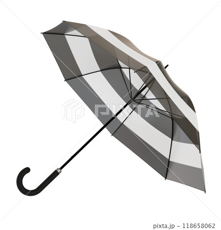 Open black and white umbrella with striped pattern, isolated on white background 118658062