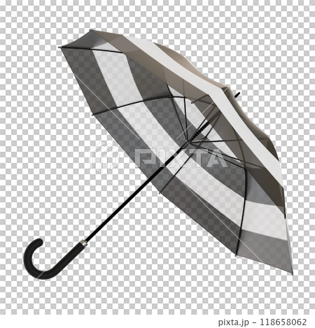 Open black and white umbrella with striped pattern, isolated on white background 118658062