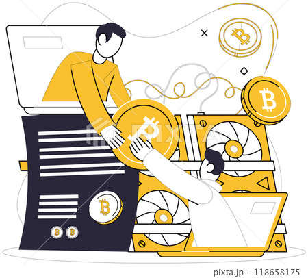 Bitcoin mining vector illustration. Cryptocurrency, newcomer, disrupts traditional finance, challenging status quo Blockchain, ledger, records transactions form backbone Bitcoins financial system 118658175