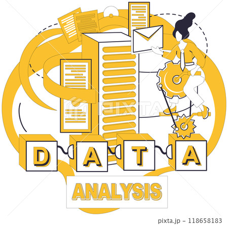 Big data vector illustration. Accounting, meticulous scribe, records financial epics inscribed in scrolls big data Storage, silent vault, safeguards treasures knowledge in kingdom big data 118658183