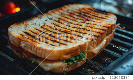 Delicious grilled sandwich with ham and cheese. Grilled panini, ham and cheese 118658384