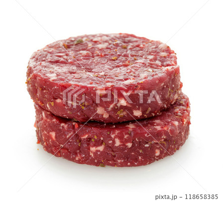 Raw beef burger cutlet isolated on white background. Marbled beef steak. 118658385