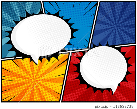 comic speech bubbles in white clouds on a vibrant pop art background 118658739