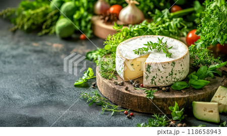 Wheel of french brie cheese with herbs and vegetables on a rustic table 118658943
