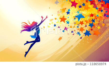Woman jumping reaching stars representing freedom and happiness Woman jumping reaching stars representing freedom and happiness 118658974