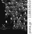 A crowd of people wearing scary masks look at the artist, Dark horror illustration, spooky creatures, black and white illustration	 118659010