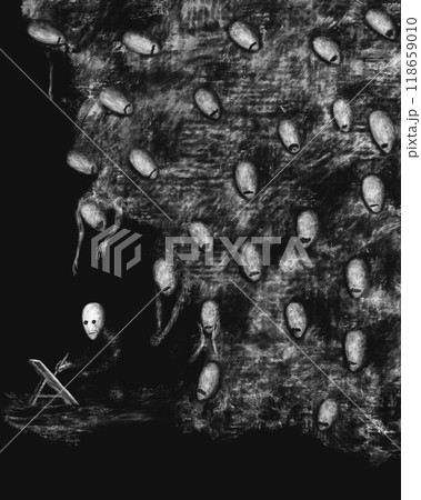 A crowd of people wearing scary masks look at the artist, Dark horror illustration, spooky creatures, black and white illustration A crowd of people wearing scary masks look at the artist, Dark horror illustration, spooky creatures, black and white illustration 118659010