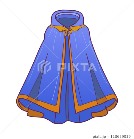 Blue magic cloak with hood in flat design. Masquerade mantle for costume. Vector illustration isolated. 118659039