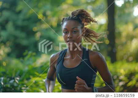 Portrait young woman in athletic wear running through a scenic park Generative AI 118659159