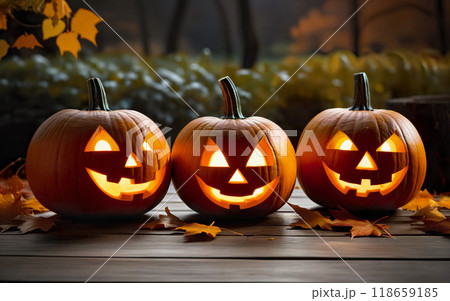 glowing halloween pumpkins on wooden table with autumn leaves, autumn background, halloween concept 118659185