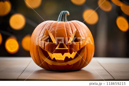 glowing halloween pumpkins on bokeh background, close up, halloween holiday 118659215