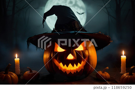 glowing halloween pumpkin in witch hat, halloween concept, mystical background 118659250