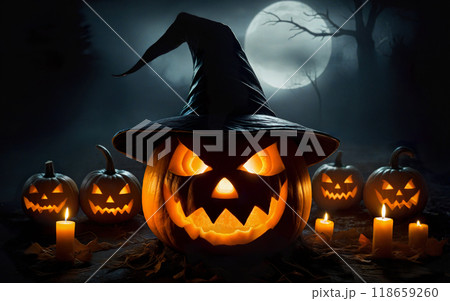 glowing halloween pumpkin in witch hat, halloween concept, mystical background 118659260