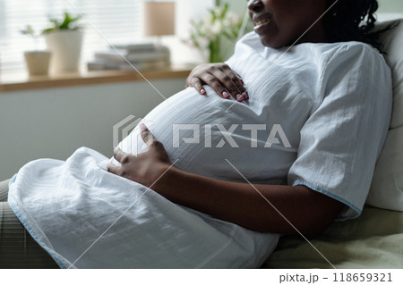Expecting Mother Holding Pregnant Belly Sitting on Couch Expecting Mother Holding Pregnant Belly Sitting on Couch 118659321