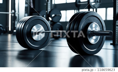 weight bar sits on a gleaming wooden floor, reflecting the surroundings. The gym equipment in the blurred background 118659623