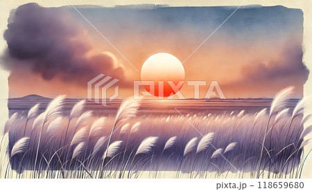ススキが揺れる草原。日が沈み夕焼け空になる途中のイラスト素材 