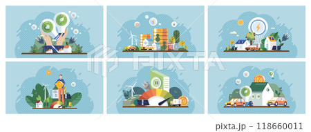 Green technology concept. Scenes with wind turbines, solar panels, electric vehicles, and eco-friendly buildings. Ideal for renewable energy, sustainable living, smart cities, environmental 118660011
