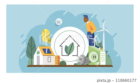 Green technology concept. House with solar panel, wind turbine, electric plug, and a person emphasizing sustainability. Ideal for renewable energy, eco-friendly living, sustainable homes, green Green technology concept. House with solar panel, wind turbine, electric plug, and a person emphasizing sustainability. Ideal for renewable energy, eco-friendly living, sustainable homes, green 118660177